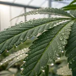 Close-up of cannabis leaf covered with water droplets in greenhouse environment.