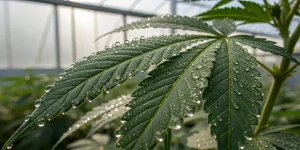 Close-up of cannabis leaf covered with water droplets in greenhouse environment.