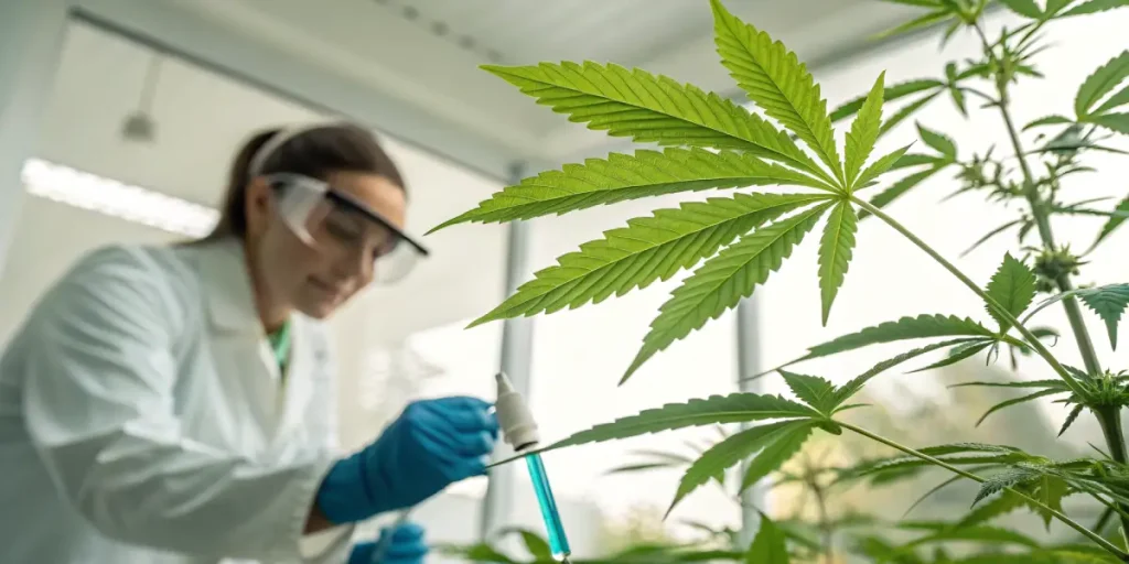 Close-up of cannabis leaf during laboratory nutrient testing with scientist in background.