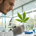 A laboratory scientist carefully inspects a cannabis leaf while surrounded by scientific equipment. This image highlights cannabis research, plant analysis, and quality control in a professional lab environment.