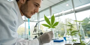 A laboratory scientist carefully inspects a cannabis leaf while surrounded by scientific equipment. This image highlights cannabis research, plant analysis, and quality control in a professional lab environment.