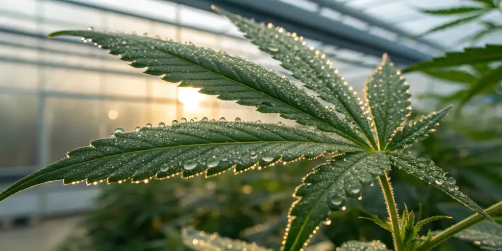 Cannabis leaf with morning dew illuminated by sunlight in greenhouse.