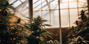 Plante de cannabis en floraison dans une serre avec lumière naturelle