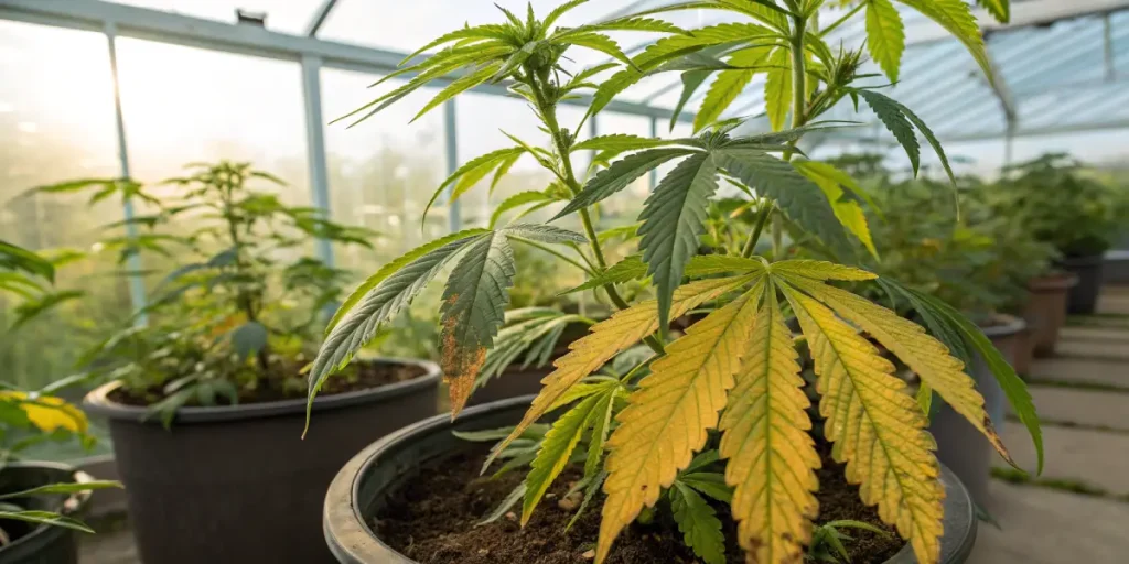 Plante de cannabis avec feuilles jaunes montrant une carence en nutriments