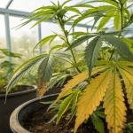 Plante de cannabis avec feuilles jaunes montrant une carence en nutriments