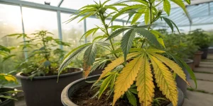 Plante de cannabis avec feuilles jaunes montrant une carence en nutriments