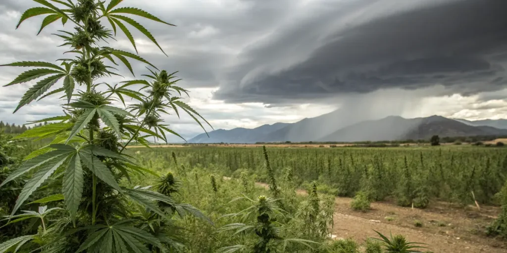 Champ de cannabis en extérieur sous un ciel orageux avec pluie au loin
