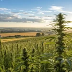 Champ de cannabis en extérieur avec vue panoramique au coucher du soleil
