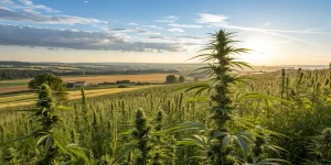 Champ de cannabis en extérieur avec vue panoramique au coucher du soleil