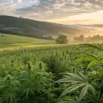 Champ de cannabis en extérieur dans une vallée au lever du soleil