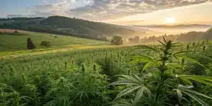 Champ de cannabis en extérieur dans une vallée au lever du soleil