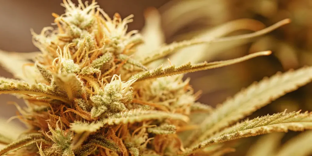 Colombian Gold reguliere gros plan tete floraison avec trichomes et pistils dores.