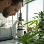 Contrôle plantes cannabis laboratoire avec scientifique examinant une plante en croissance de près