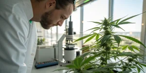 Contrôle plantes cannabis laboratoire avec scientifique examinant une plante en croissance de près