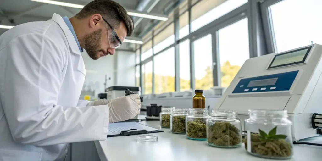 Scientifique inspectant des bocaux de fleurs de cannabis en laboratoire.