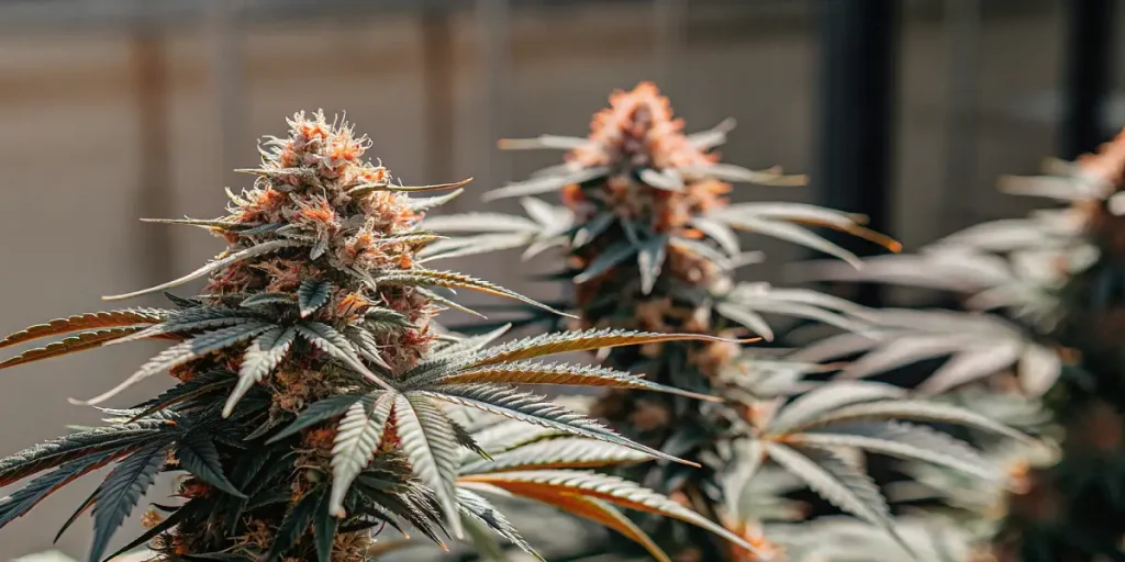 Rangee Cookies and Cream Auto en floraison avec tetes resineuses.