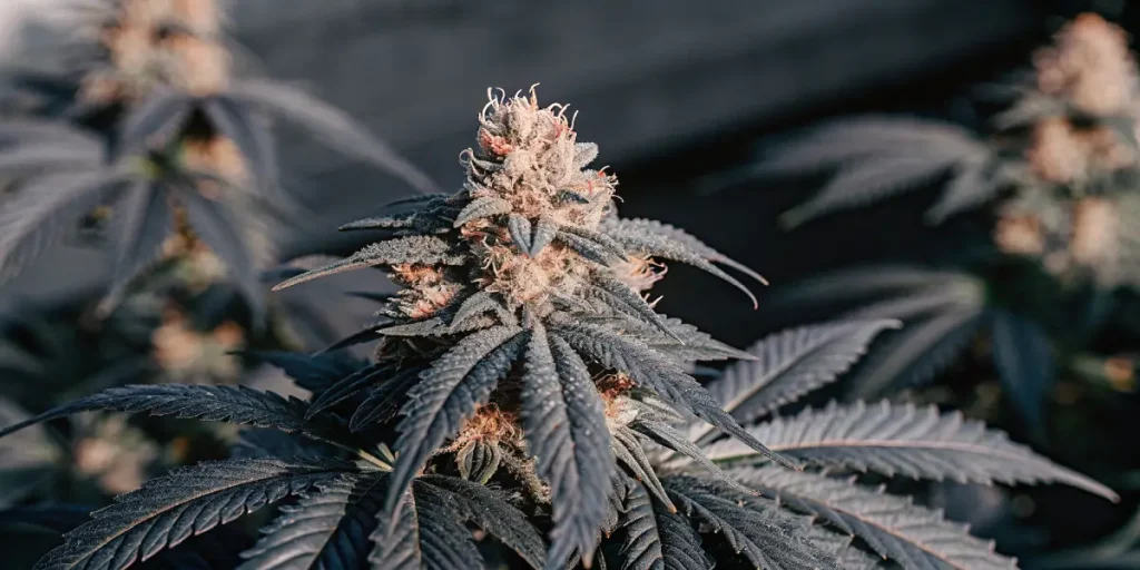 CR strain tete dense avec trichomes et pistils oranges en floraison.