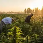 Des agriculteurs récoltent des plants de cannabis en plein champ sous une lumière dorée de fin de journée. Cette image met en avant la culture en extérieur, les pratiques agricoles et la phase de récolte du cannabis à grande échelle.