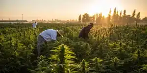 Des agriculteurs récoltent des plants de cannabis en plein champ sous une lumière dorée de fin de journée. Cette image met en avant la culture en extérieur, les pratiques agricoles et la phase de récolte du cannabis à grande échelle.