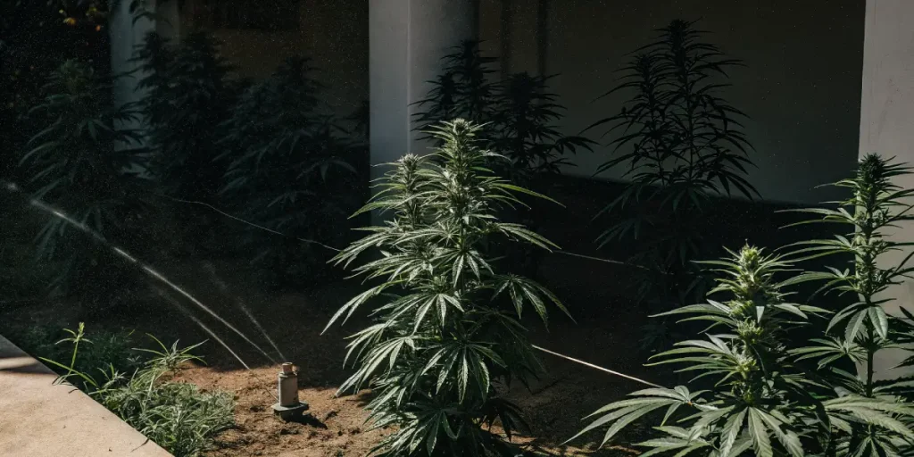 plantes de cannabis cultivées en extérieur avec système d’arrosage automatique
