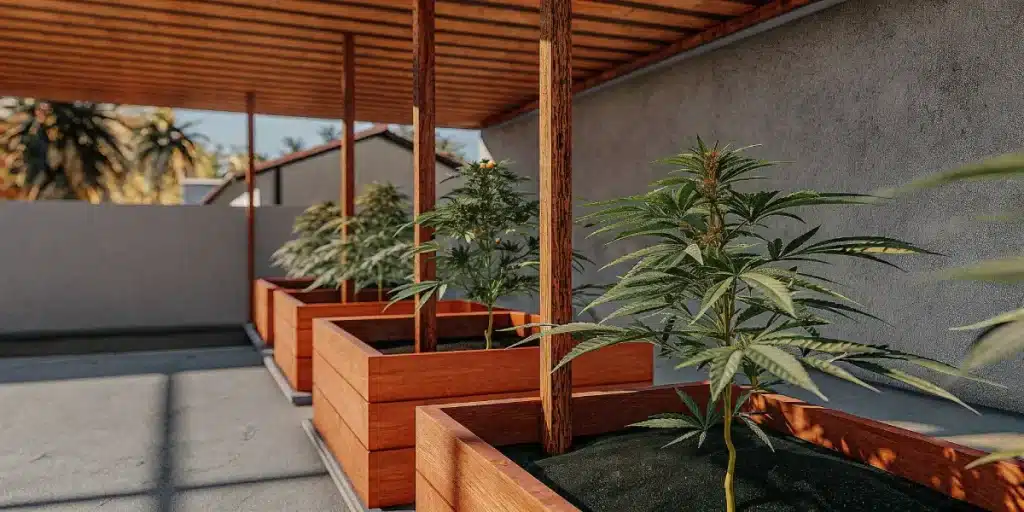 Culture de cannabis en extérieur dans des bacs en bois sur une terrasse moderne et ombragée
