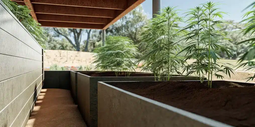 Culture de cannabis en extérieur dans des bacs surélevés sous abri moderne
