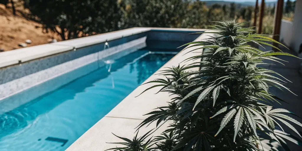 Plante de cannabis cultivée en extérieur près d’une piscine, bénéficiant d’un climat ensoleillé et naturel