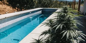 Plante de cannabis cultivée en extérieur près d’une piscine, bénéficiant d’un climat ensoleillé et naturel
