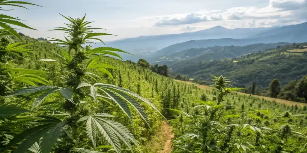 Plantation de cannabis en extérieur dans un paysage montagneux