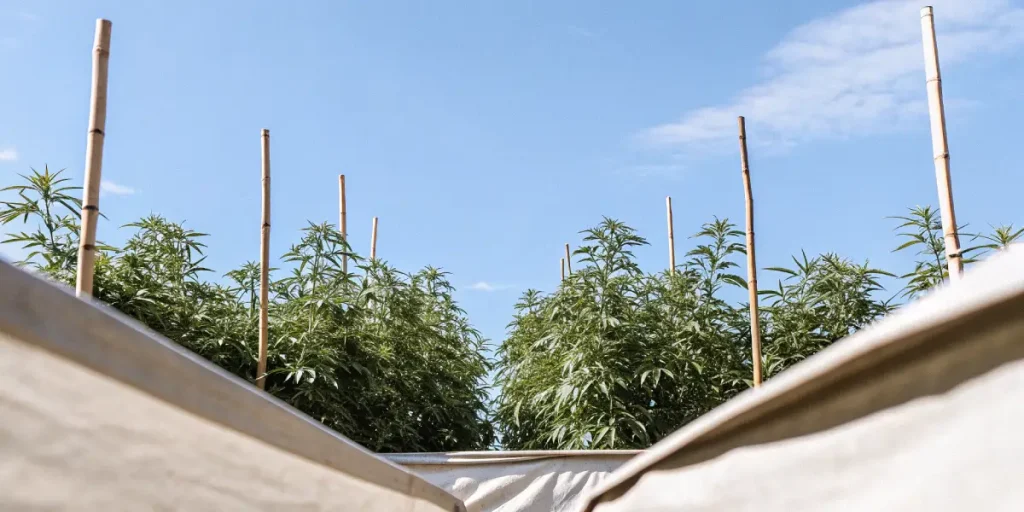 Plantes de cannabis cultivées en extérieur avec tuteurs de soutien sous ciel dégagé