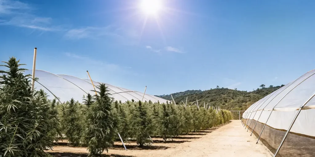 Culture de cannabis en extérieur entre serres agricoles sous un soleil intense et ciel dégagé.