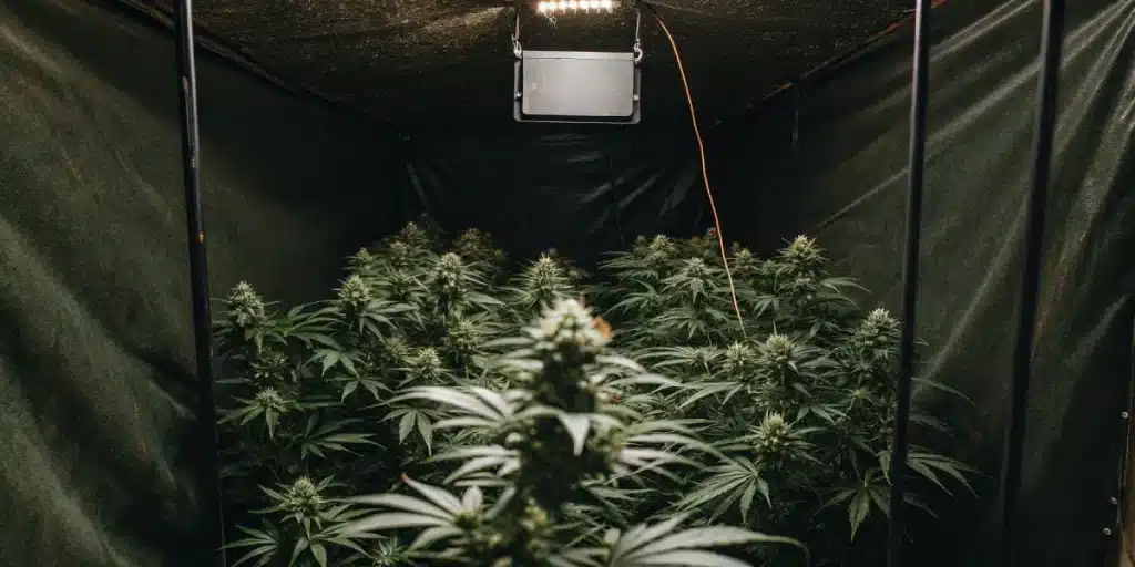 Culture de cannabis en intérieur sous tente avec éclairage LED et plantes en floraison