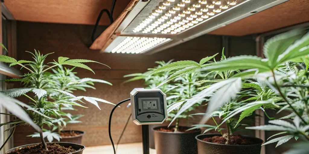 Culture de cannabis en intérieur avec éclairage LED et capteur climatique contrôlant la température et l’humidité des plantes.