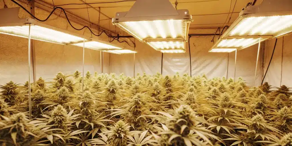 culture intensive de cannabis en intérieur sous puissants panneaux LED en phase de floraison