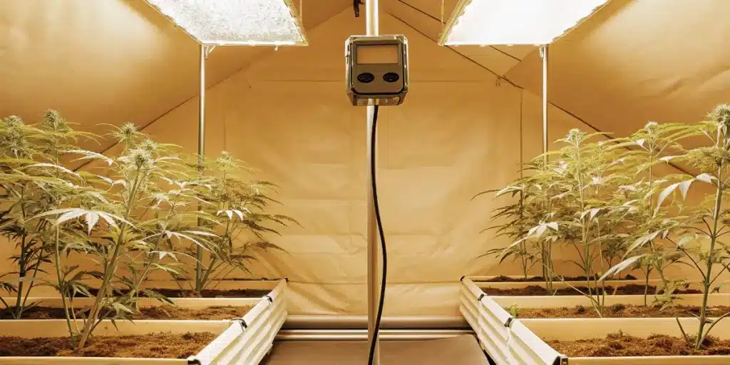 Culture de cannabis en intérieur avec éclairage LED puissant et plantes cultivées dans des bacs surélevés en environnement contrôlé.