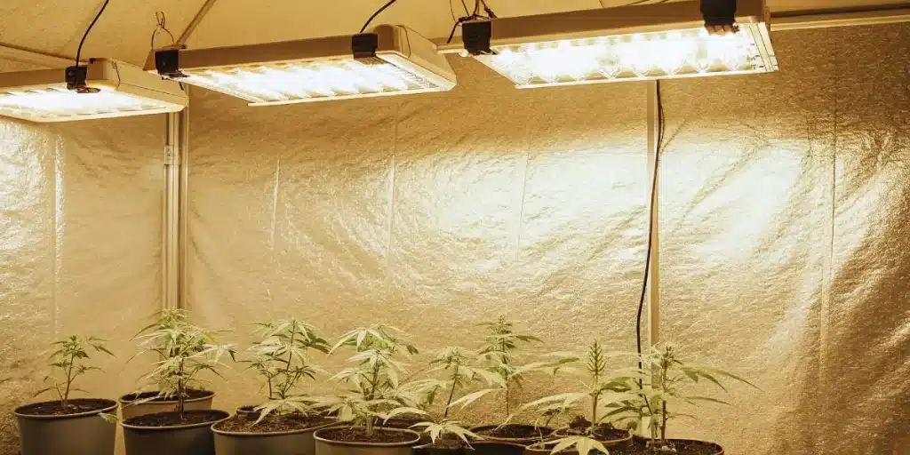 Culture de cannabis en intérieur sous éclairage LED pendant la phase végétative, avec jeunes plants en pots alignés.
