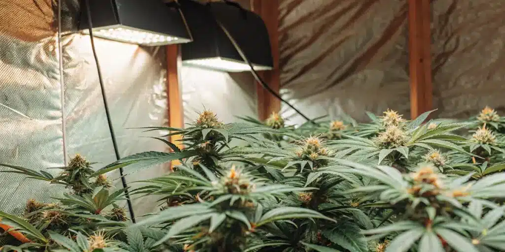 plantes de cannabis cultivées en intérieur sous éclairage LED avec feuillage dense et sain