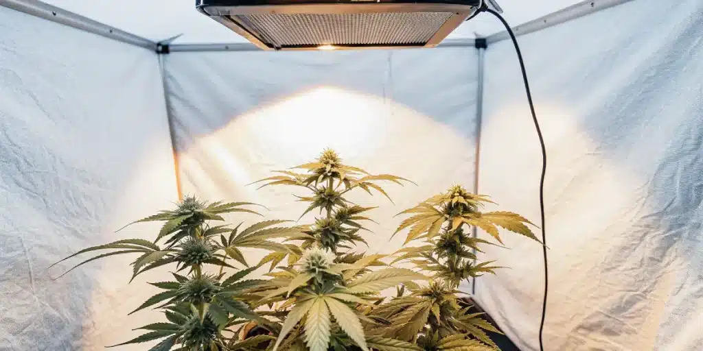 Culture de cannabis en intérieur sous lampe LED pendant la phase de floraison