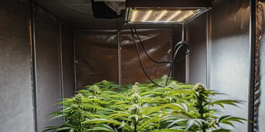 Culture de cannabis en intérieur sous lampe LED, avec plantes en phase de floraison dans une salle de culture contrôlée