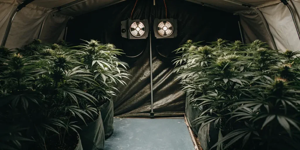 salle de culture intérieure de cannabis en phase de floraison avec système de ventilation