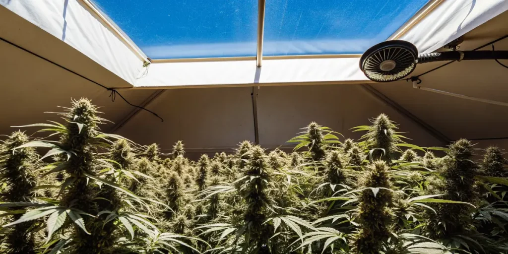 Culture cannabis interieur serre lumineuse avec nombreuses plantes en floraison.