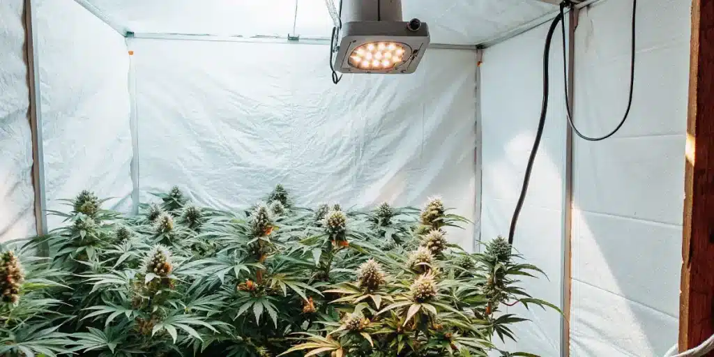 culture de cannabis en intérieur sous tente de culture avec éclairage LED pendant la floraison