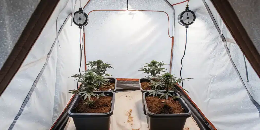 culture de cannabis en intérieur sous tente avec éclairage LED et plantes en pots individuels