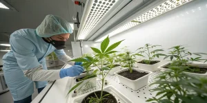 Un technicien équipé de protections sanitaires examine de jeunes plants de cannabis dans un laboratoire contrôlé avec éclairage LED. Cette scène met en évidence les techniques de culture en intérieur et le suivi précis de la croissance des plantes en environnement scientifique.