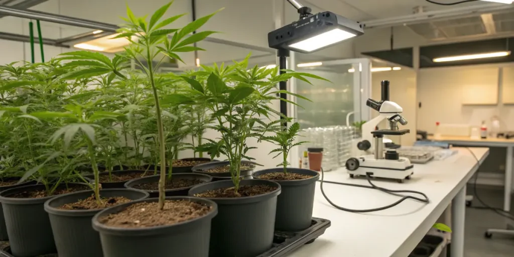 Culture de cannabis en laboratoire avec pots et microscope pour analyse