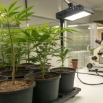 Culture de cannabis en laboratoire avec pots et microscope pour analyse