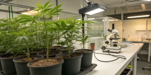 Culture de cannabis en laboratoire avec pots et microscope pour analyse