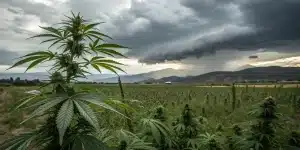 Plantes de cannabis dans un champ sous des nuages orageux