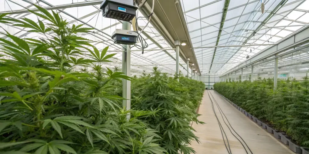 Une serre industrielle remplie de plants de cannabis alignés montre un environnement de culture contrôlé avec systèmes d’éclairage et de ventilation avancés. Cette scène met en avant les techniques modernes de culture sous serre pour optimiser rendement et qualité.