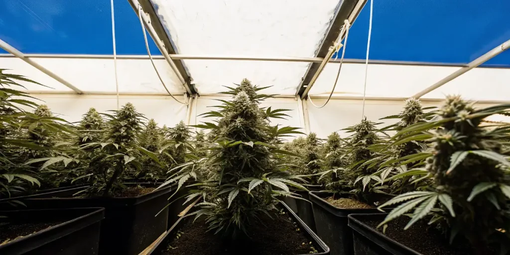 Culture de cannabis en serre intérieure avec plusieurs plantes en pots en pleine phase de floraison